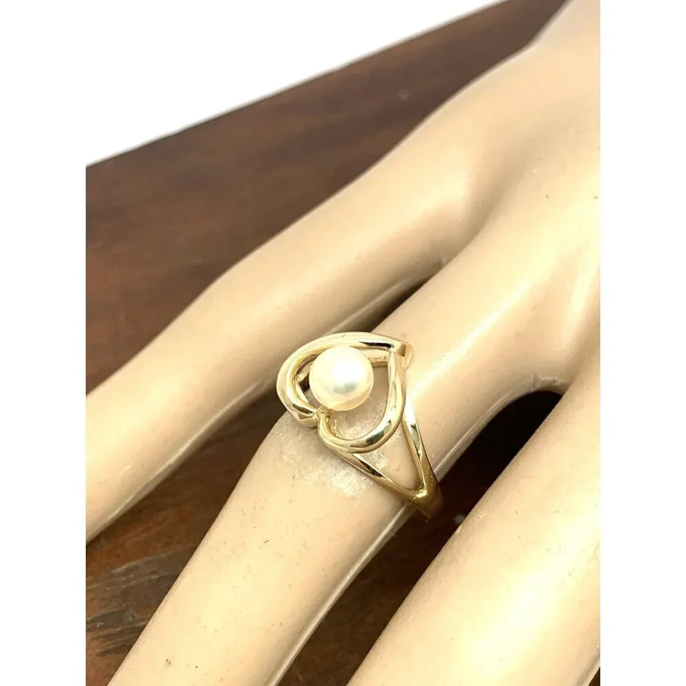 Pearl Cocktail Ring Heart Shape 14k Yellow Gold Estate Jewelry Women's Size 6.25